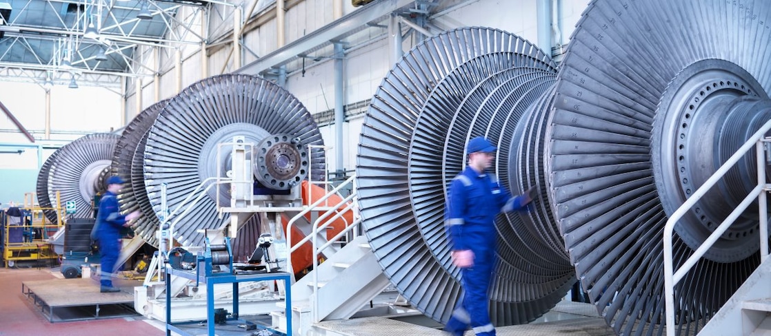 Turbines in a warehouse 