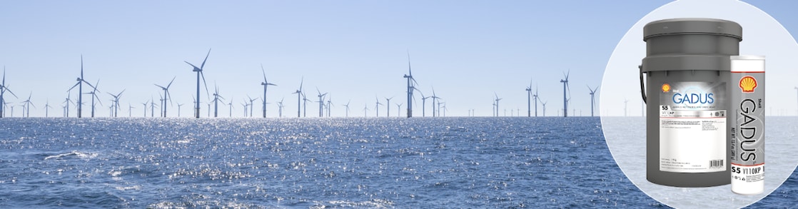 Product pack images laid over offshore wind turbine