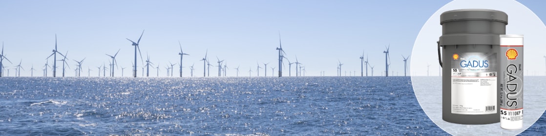Product pack images laid over offshore wind turbine