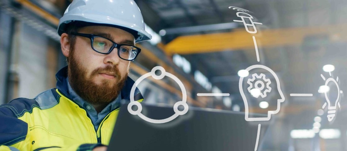 digital overlay on field worker in PPE with laptop