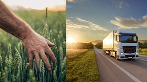 Four images side by side (shadow of plane on  forest, cargo ship on sea, truck on road and a vehicle harvesting crops)