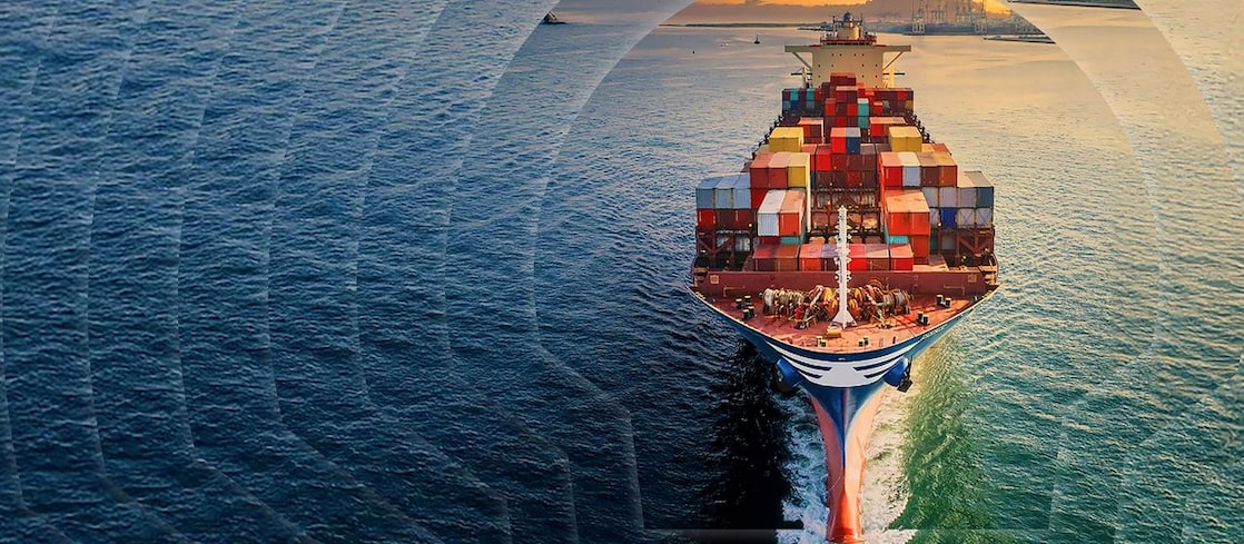 Image showing a cargo ship, overlaid with a Shell logo ripple pattern.
