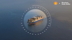Shipping vessel sailing into distance with compass overlay