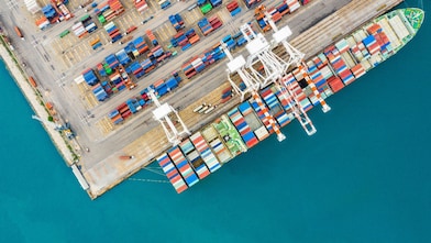 High angle view on Cargo container terminal in Hamburg port.