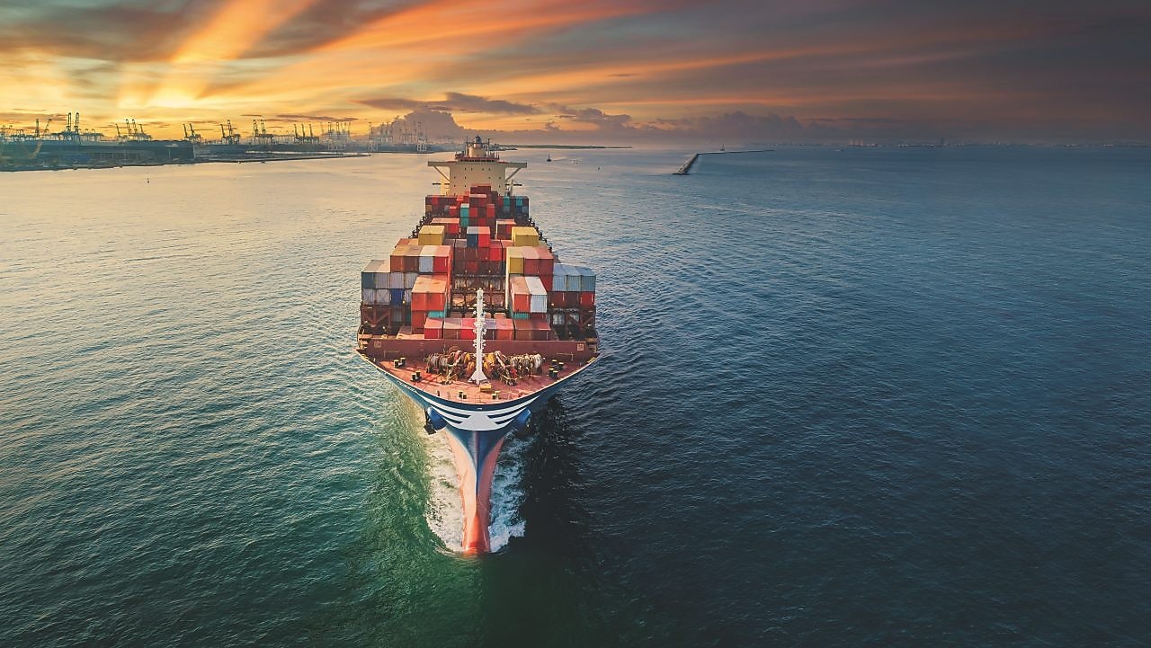 Aerial front view Container cargo ship full carrier container