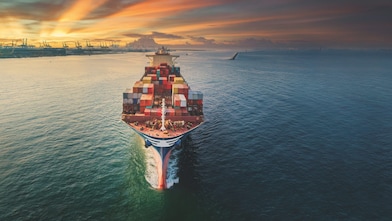 Aerial front view Container cargo ship full carrier container