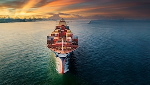 Aerial front view Container cargo ship full carrier container