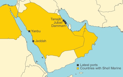 Map showing latest Shell Marine ports in Saudi Arabia. Those ports are: Yanbu, Tanajib, Jubail, Dammam and Jeddah.