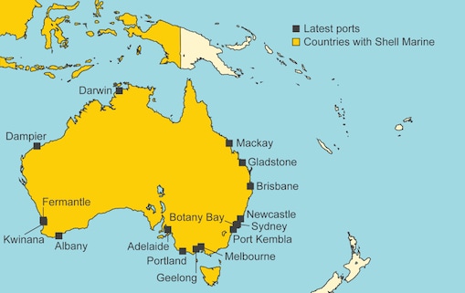 Map showing latest Shell Marine ports in Australia. Those ports are: Adelaide, Albany, Botany Bay, Brisbane, Dampier, Darwin, Fremantle, Geelong, Gladstone, Kwinana, Mackay, Melbourne, Newcastle, Port Kembla, Portland, Sydney.