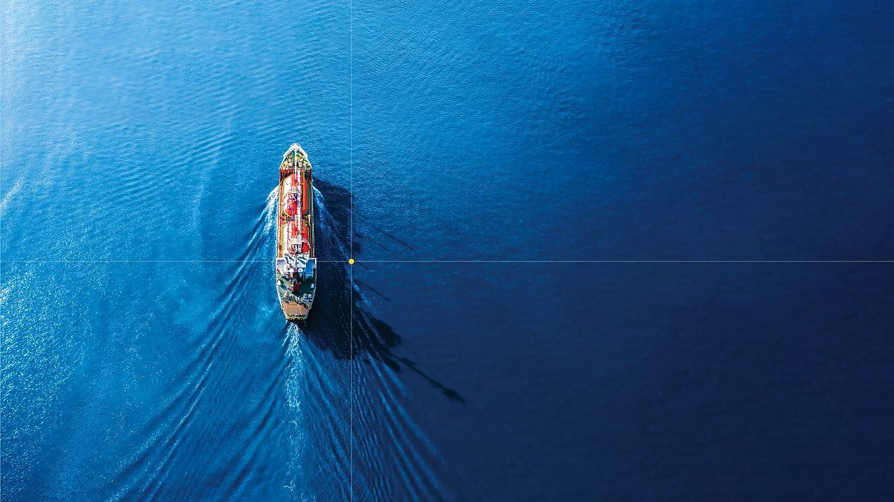 Aerial view oil tanker in open sea