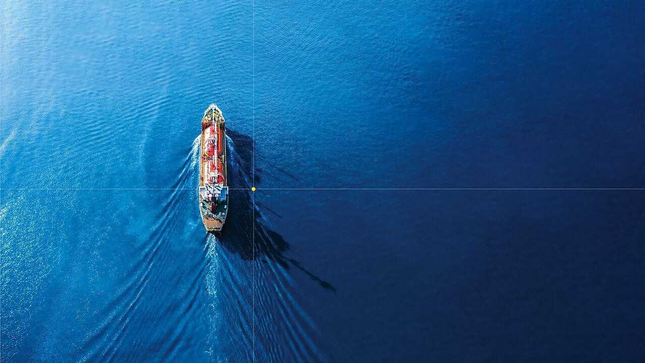 Aerial view oil tanker in open sea