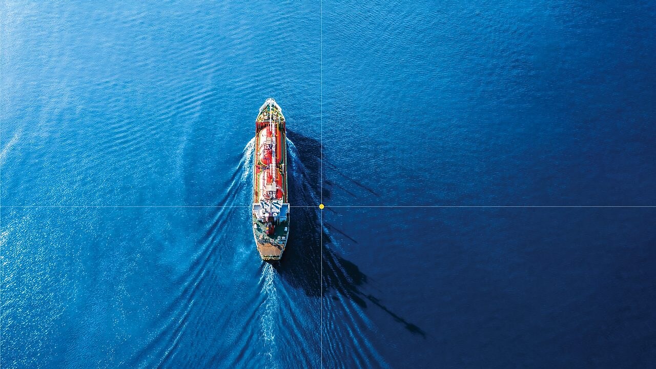 Aerial view oil tanker in open sea