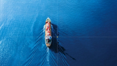 Aerial view oil tanker in open sea