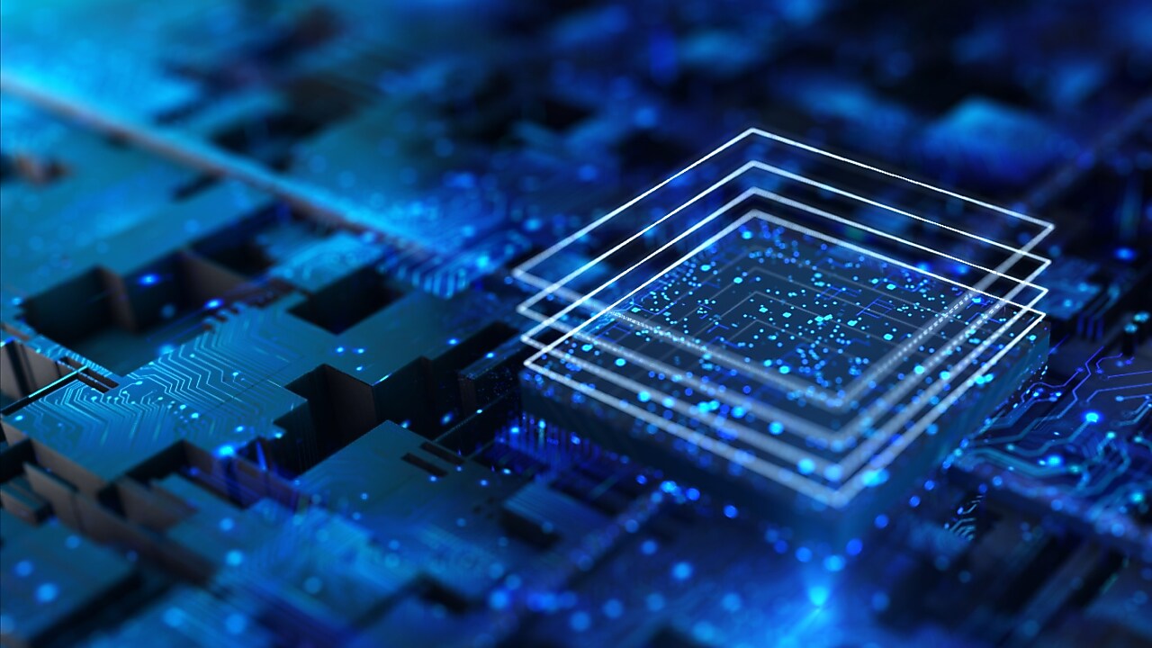 Tile 1 alt text 	Blue circuit board with glowing lines and layered digital elements