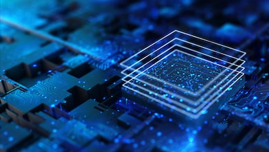 Tile 1 alt text 	Blue circuit board with glowing lines and layered digital elements