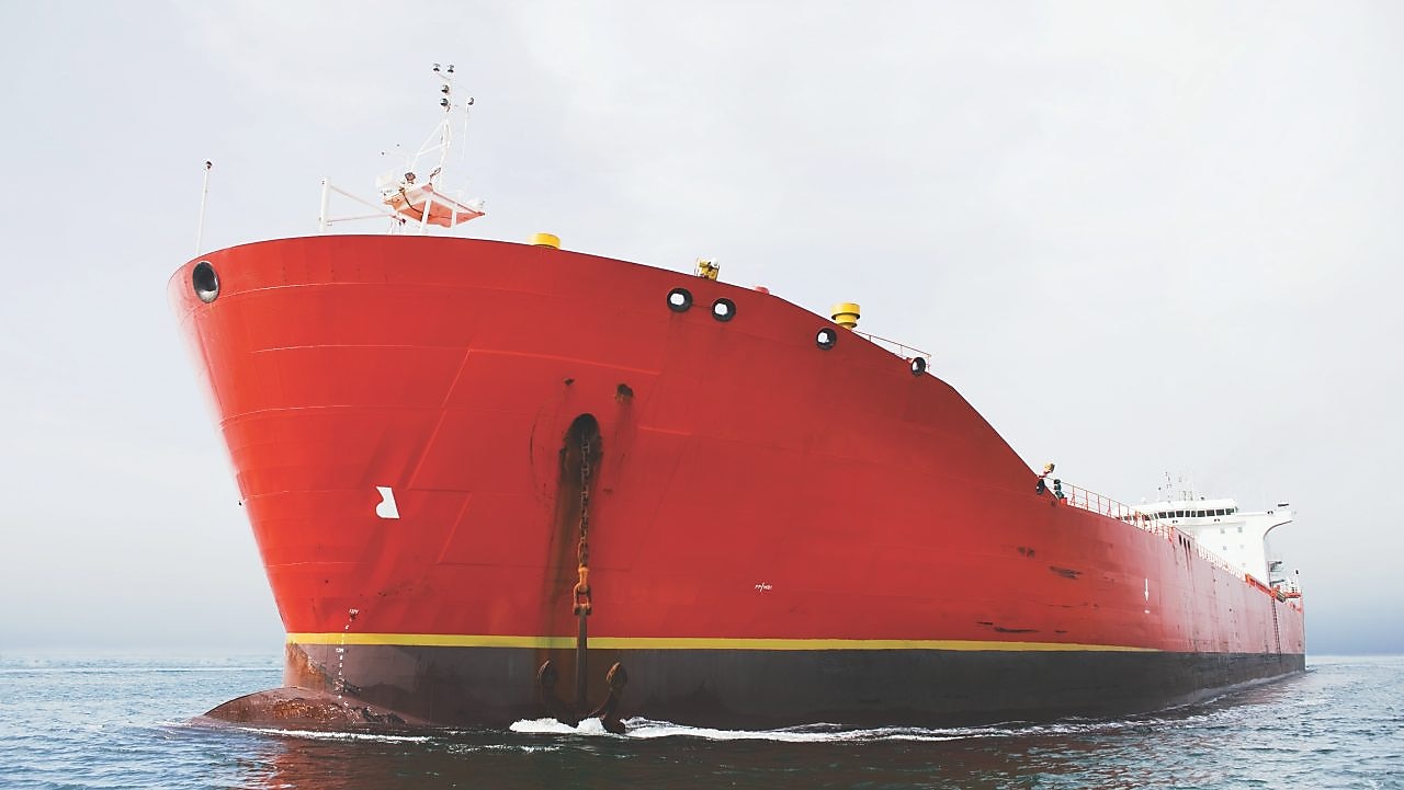 Bow view of red tanker