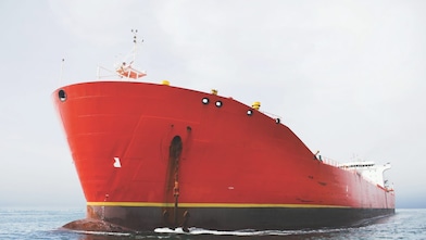 Bow view of red tanker