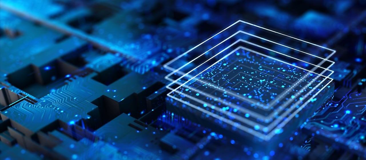 Blue circuit board with glowing lines and layered digital elements