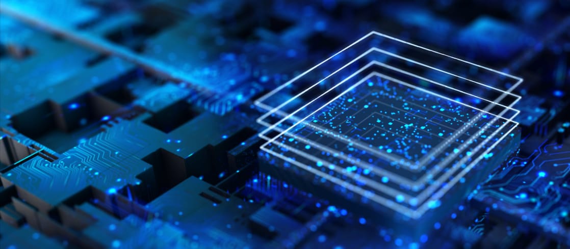 Blue circuit board with glowing lines and layered digital elements