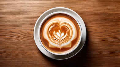 Coffee cup with a Shell logo drawn in the foam.