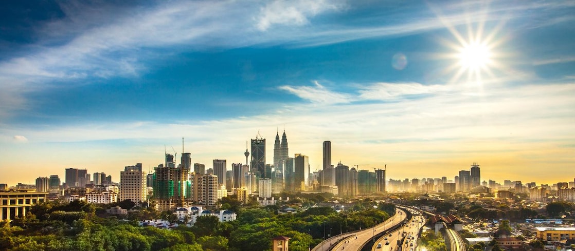 City skyline at sunset