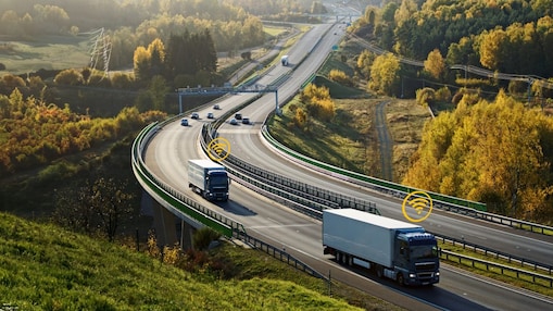Birdseye view of white truck on highway