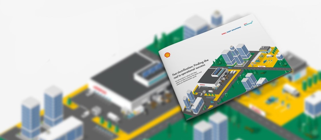 Mockup of the report front cover embedded on a Shell recharge station model