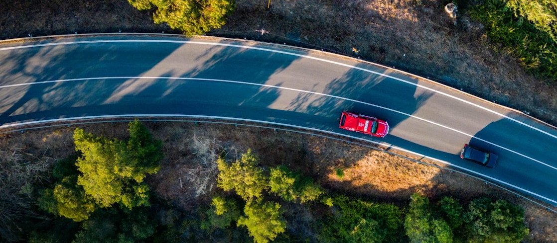 Birds eye view of road in the woods