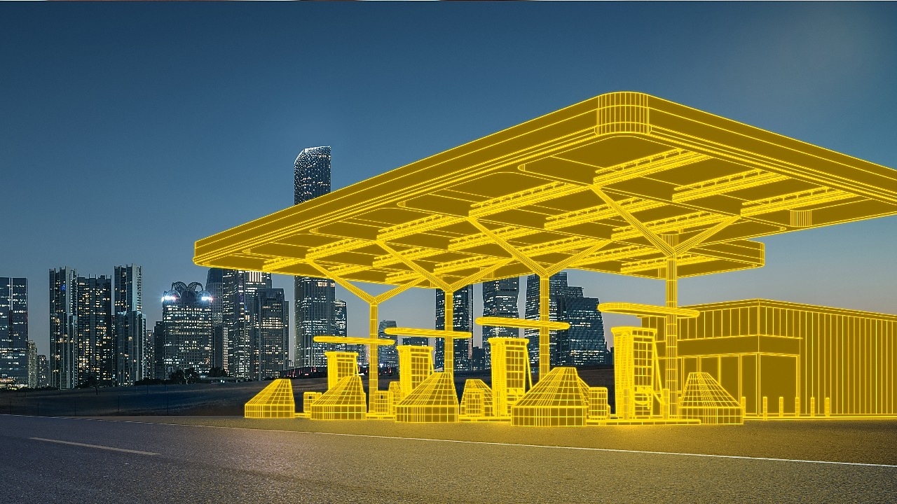 futuristic glowing wireframe of a shell service station