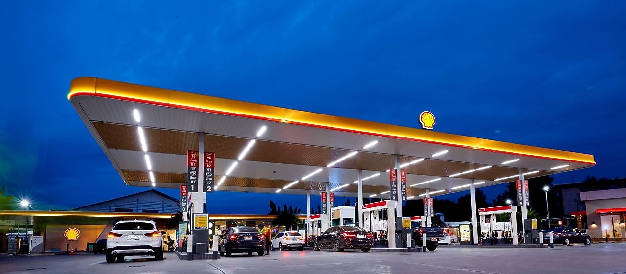 Brightly lit Shell Petrol Station canopy