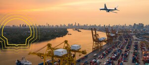 A plane flying over a port side