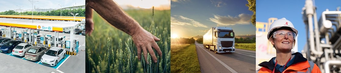 Four images side by side (shadow of plane on forest, cargo ship on sea, truck on road and a vehicle harvesting crops)