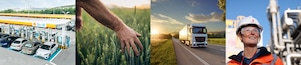 Four images side by side (shadow of plane on  forest, cargo ship on sea, truck on road and a vehicle harvesting crops)
