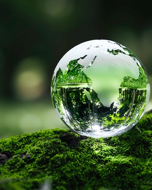 Glass sphere reflecting a green forest landscape, resting on moss-covered ground with a softly blurred woodland background.