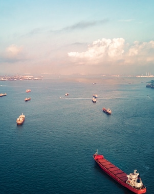 An aerial view overlooking a busy maritime scene with numerous cargo ships and tankers scattered across a wide expanse of calm blue water.
