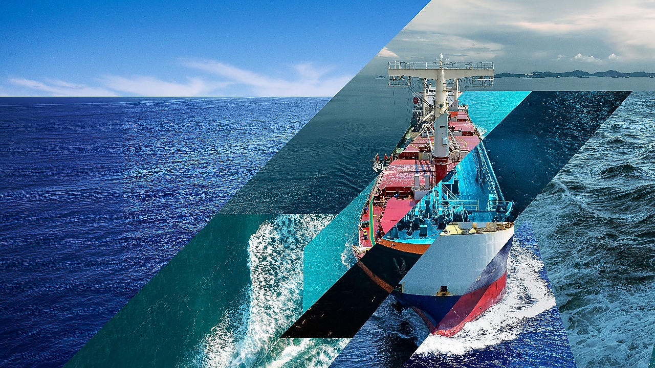 A cargo ship viewed from above sailing through open ocean, overlaid with angled graphic shapes showing different sea conditions, symbolising global shipping, energy transition, and maritime pathways.