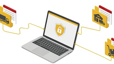 Illustration of a laptop with a security lock icon, connected to digital folders representing logistics and freight documents.