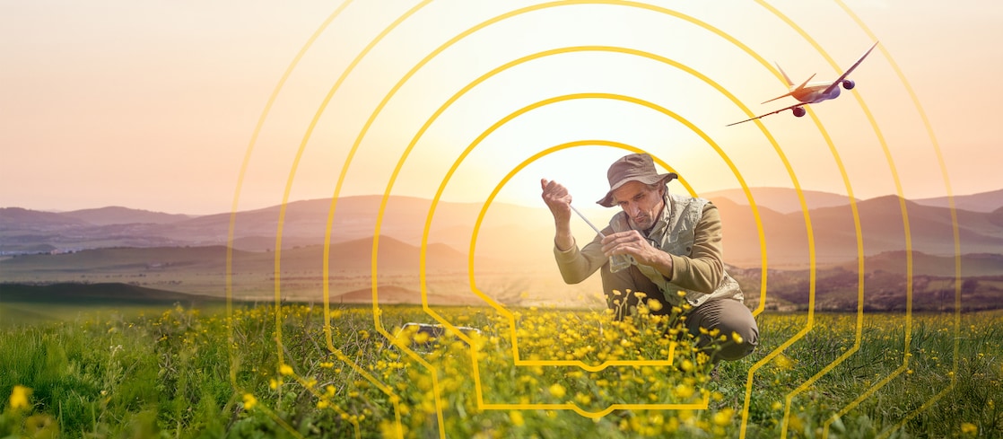 Person planting a sapling in a grassy field at sunrise, with a plane flying overhead and yellow Shell logo lines layered over the landscape.