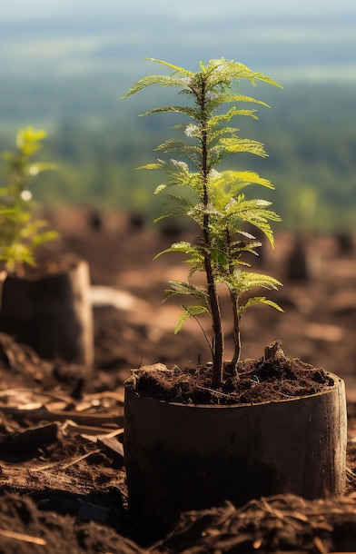 Young tree saplings planted in soil on a hillside, with one seedling in focus and a person working in the blurred background, suggesting reforestation.