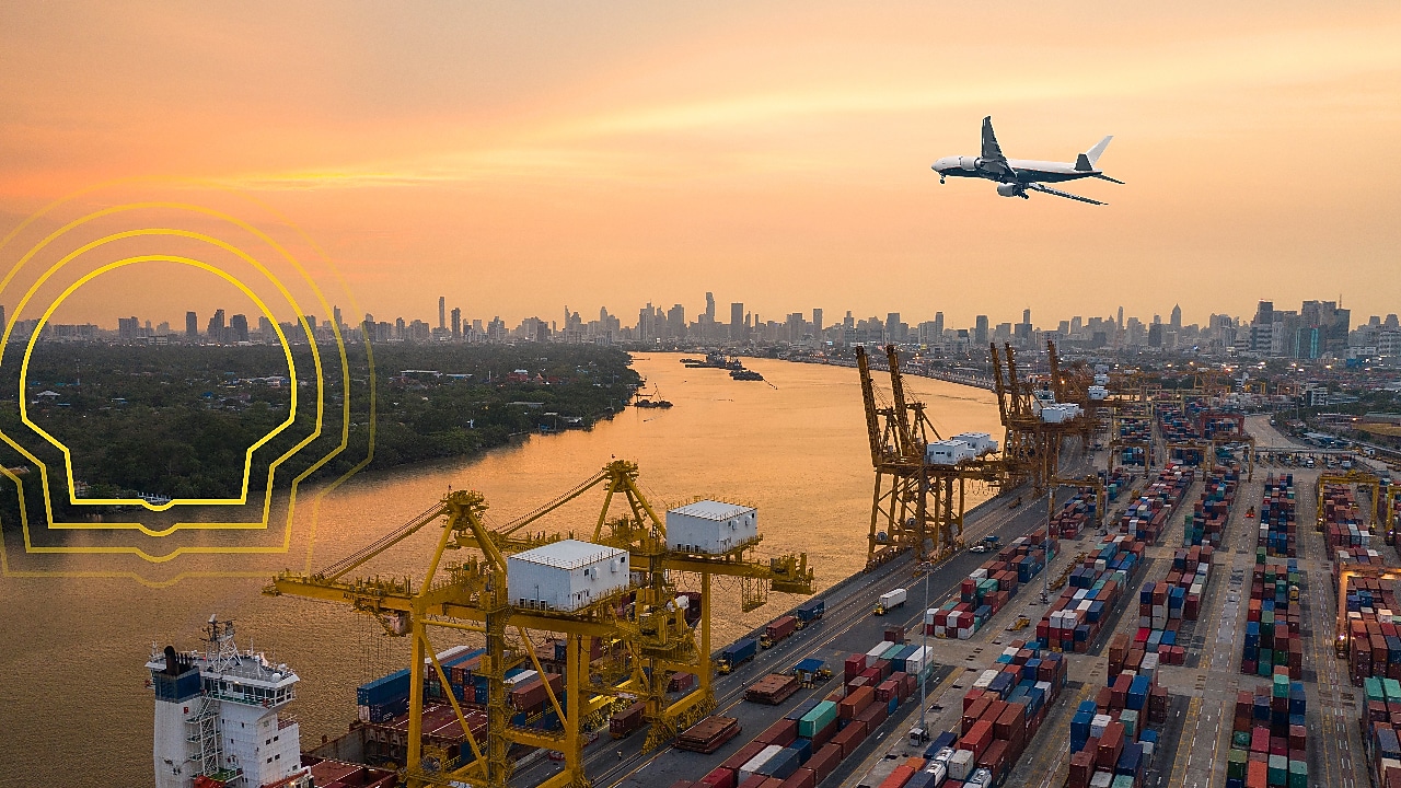 A plane flying over a port side