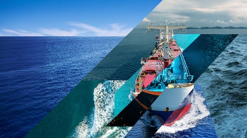 A cargo ship viewed from above sailing through open ocean, overlaid with angled graphic shapes showing different sea conditions, symbolising global shipping, energy transition, and maritime pathways.