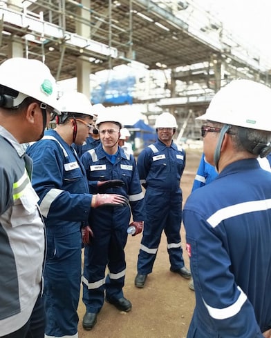 Rida and Amir stand with a group of workers at an industrial site, wearing PPE and discussing operations in front of large plant structures. 
