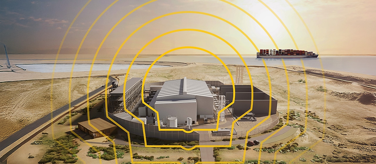 Holland Hydrogen 1 facility near a coastline with a cargo ship in the background, overlaid with a yellow Shell logo design