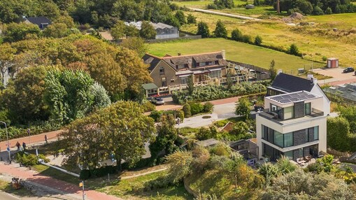 Aerial view of a residential neighbourhood featuring modern homes, trees, gardens, and surrounding green spaces.