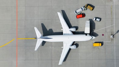 Plane on runway being serviced by vehicles