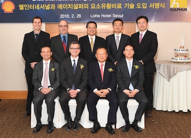 Top row, from left to right: Jason O’Brien, Shell Thiogro Technical Services Manager; Rafael Garcia, Shell Thiogro Technical Implementation Manager; Andrew Ghim, Senior Advisor H Sulphur Corp; Richard Han (Han Minsu), GM International Sales H Sulphur Corp; Steven Sutanto, Sandvik Process Systems Regional Sales Manager Asia-Pacific Seated, left to right: Yew Chong Tan, Shell Sulphur Solutions Global Business Development Manager; David Fillo, Shell Thiogro Global Business Manager; Yoo YoonChul, Chairman H Sulphur Corp; Sean Yoo (Yoo SunKyung), CEO H Sulphur Corp