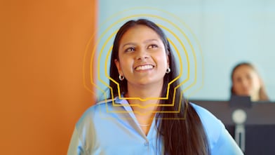 Smiling woman looking up