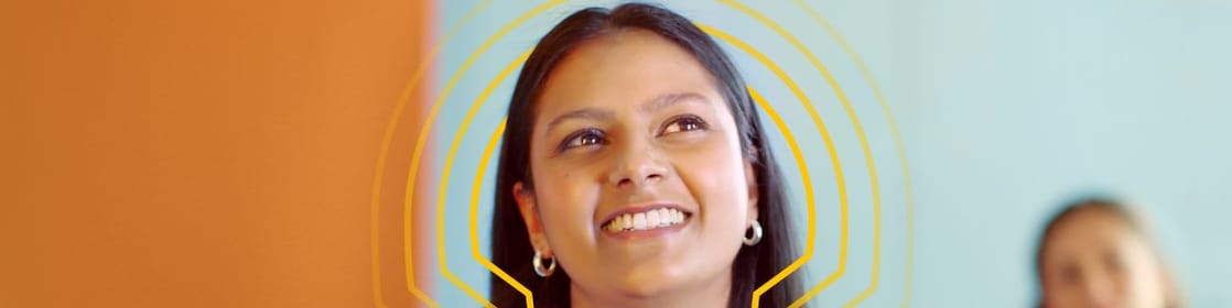 Smiling woman looking up