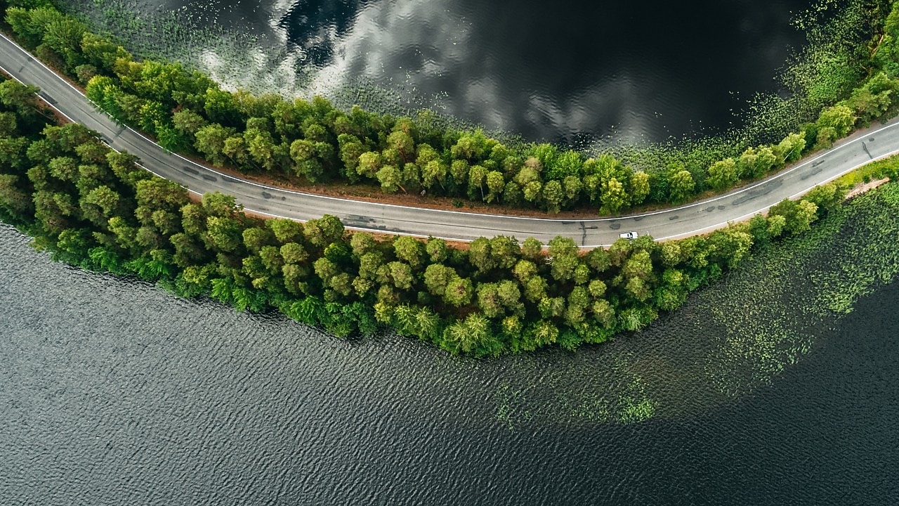 Aerial view of a winding road cutting through a dense forest, flanked by a large body of water on both sides. The road curves gently through lush green trees, with dark, reflective water and patches of shoreline vegetation. A single vehicle travels along the road, highlighting the peaceful and remote setting.