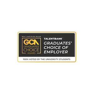 Graduate’ Choice of Employer Award logo with black background and gold corner and mix of gold and white font